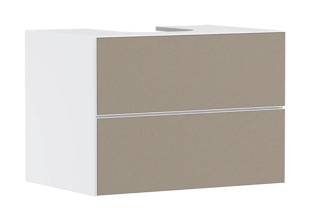 Weißer Waschtischunterschrank mit zwei Schubkästen. Die Fronten sind in einem hellen, strukturierten Design gehalten. Marke: Hansgrohe.
